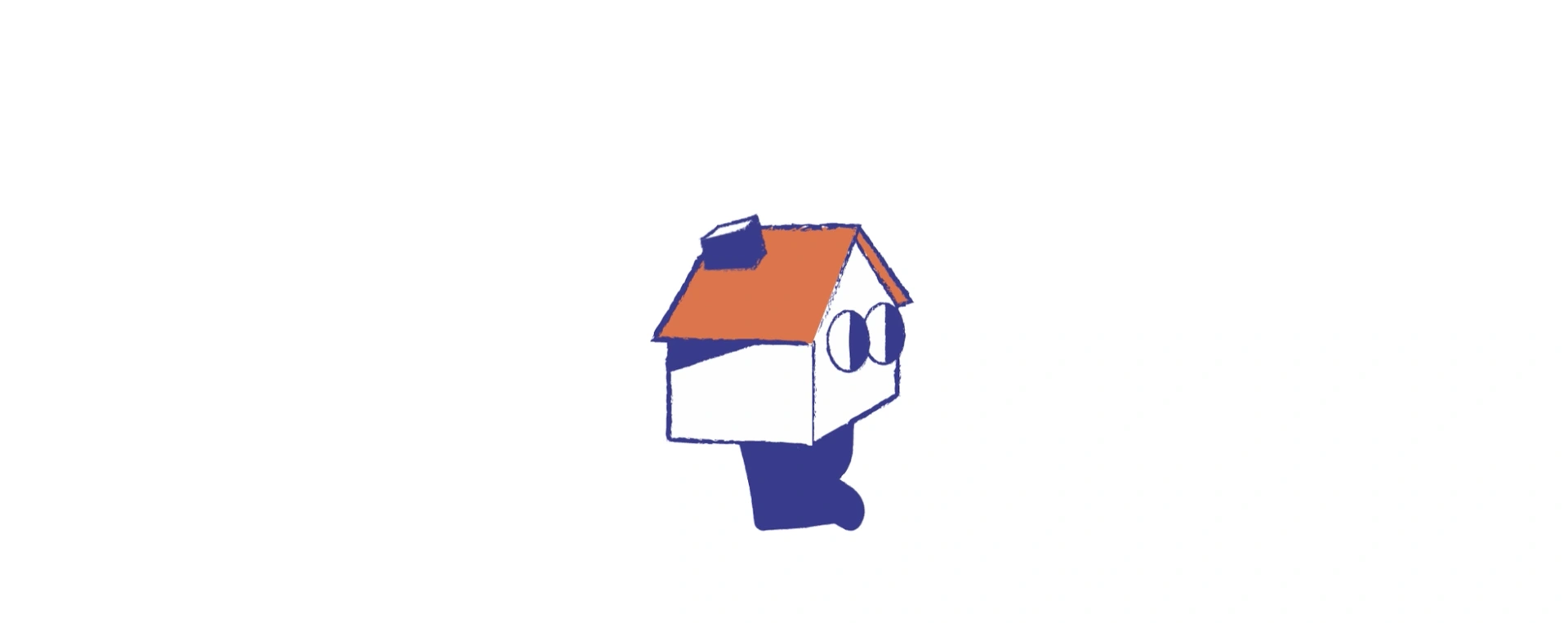 Mascotte en forme de maison, aux couleurs bleu et orange