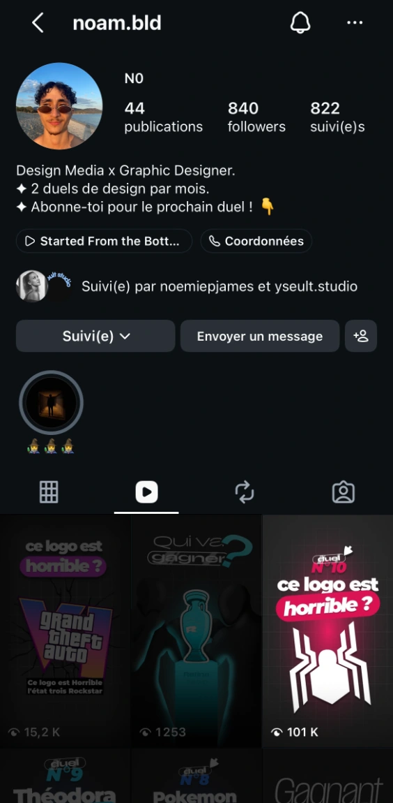 Profil Instagram noam.bld présentant les créations du tournoi Retina