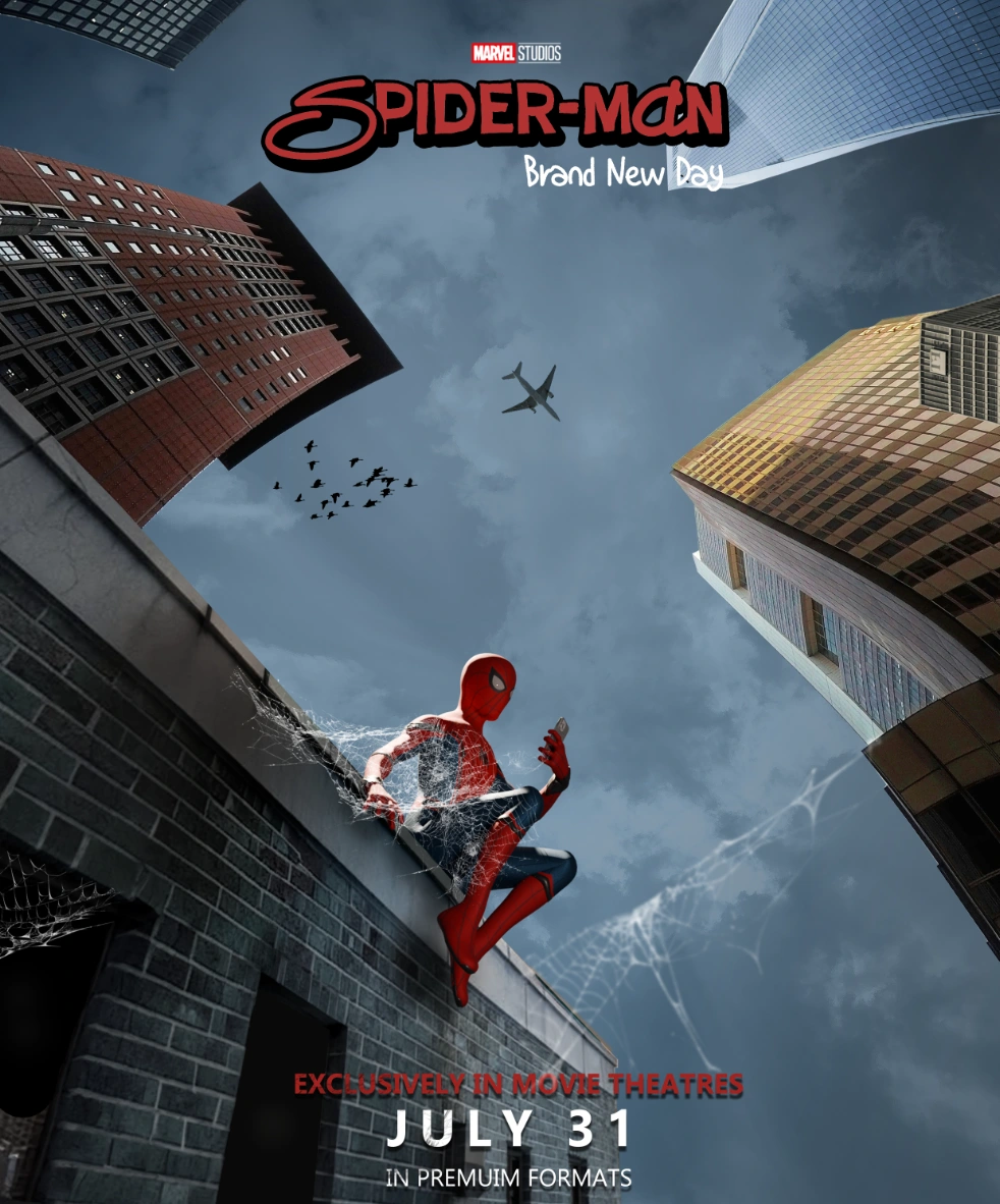 Affiche Spider-Man Brand New Day : Spider-Man suspendu entre les immeubles de New York