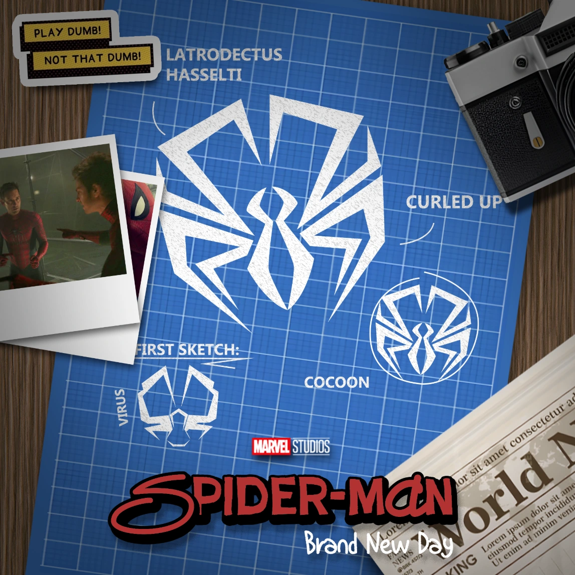 Recherches graphiques du logo sur une planche bleue, accompagnées du titre Spider-Man Brand New Day